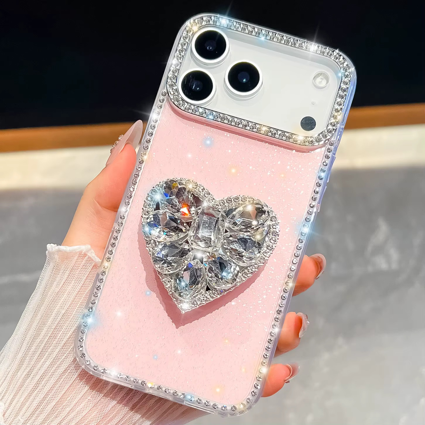 iPhone 12/12 Pro Diamond Heart Pop-Socket Case | Pink