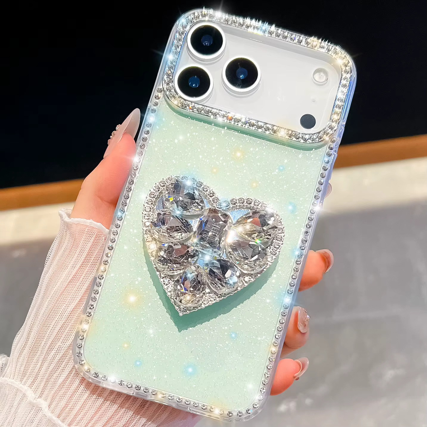 iPhone 12/12 Pro Diamond Heart Pop-Socket Case | Green