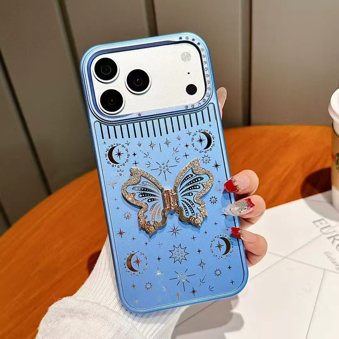 iPhone 16 Plus (Blue) Metalic Butterfly Shiny Case