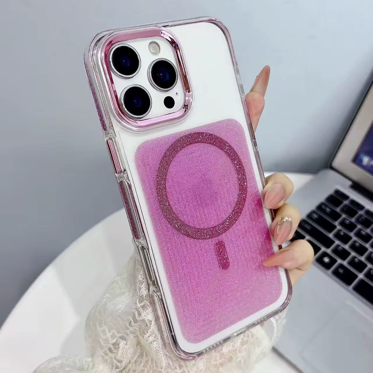 iPhone 12/12 Pro Glitter Edge Magnetic Case - Rose red