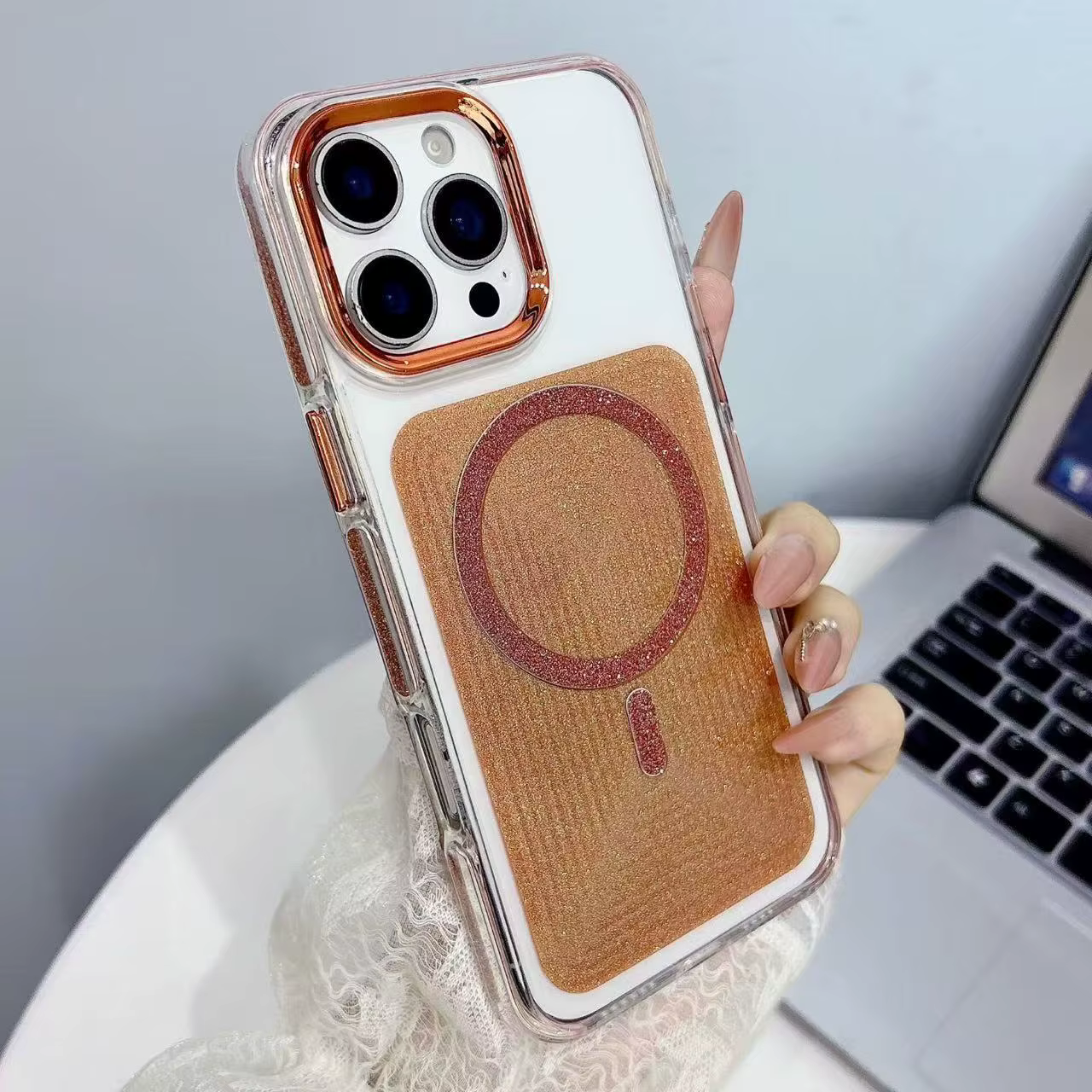 iPhone 14 Plus/15 Plus Glitter Edge Magnetic Case - Rose Gold