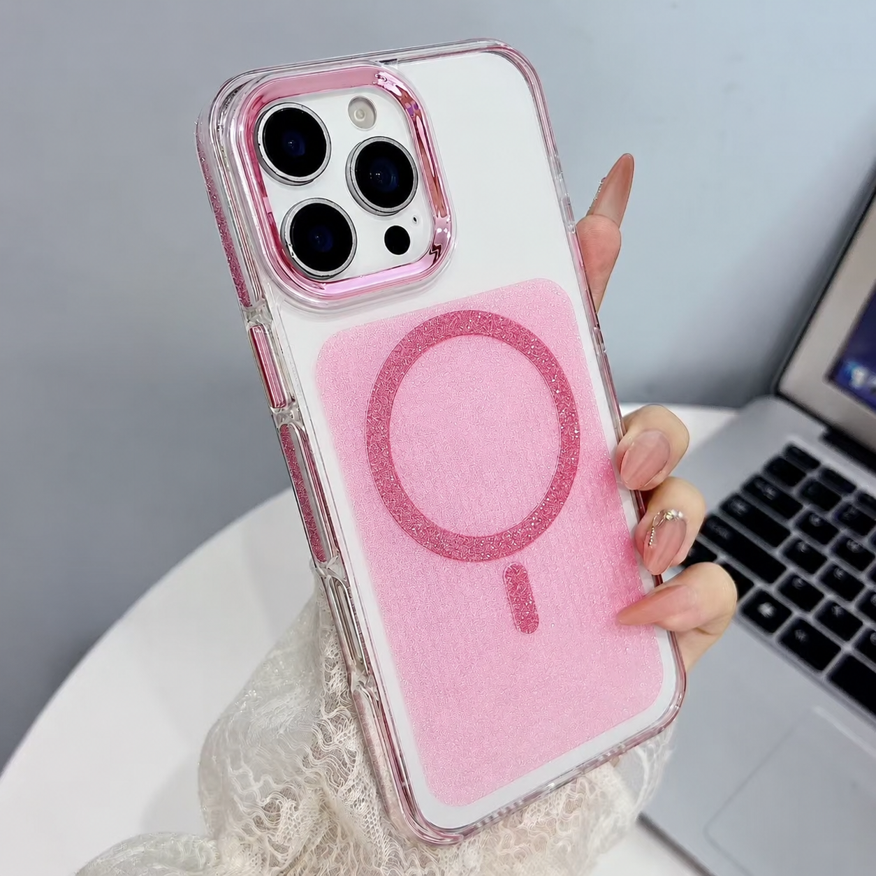 iPhone 14 Plus/15 Plus Glitter Edge Magnetic Case - Light pink