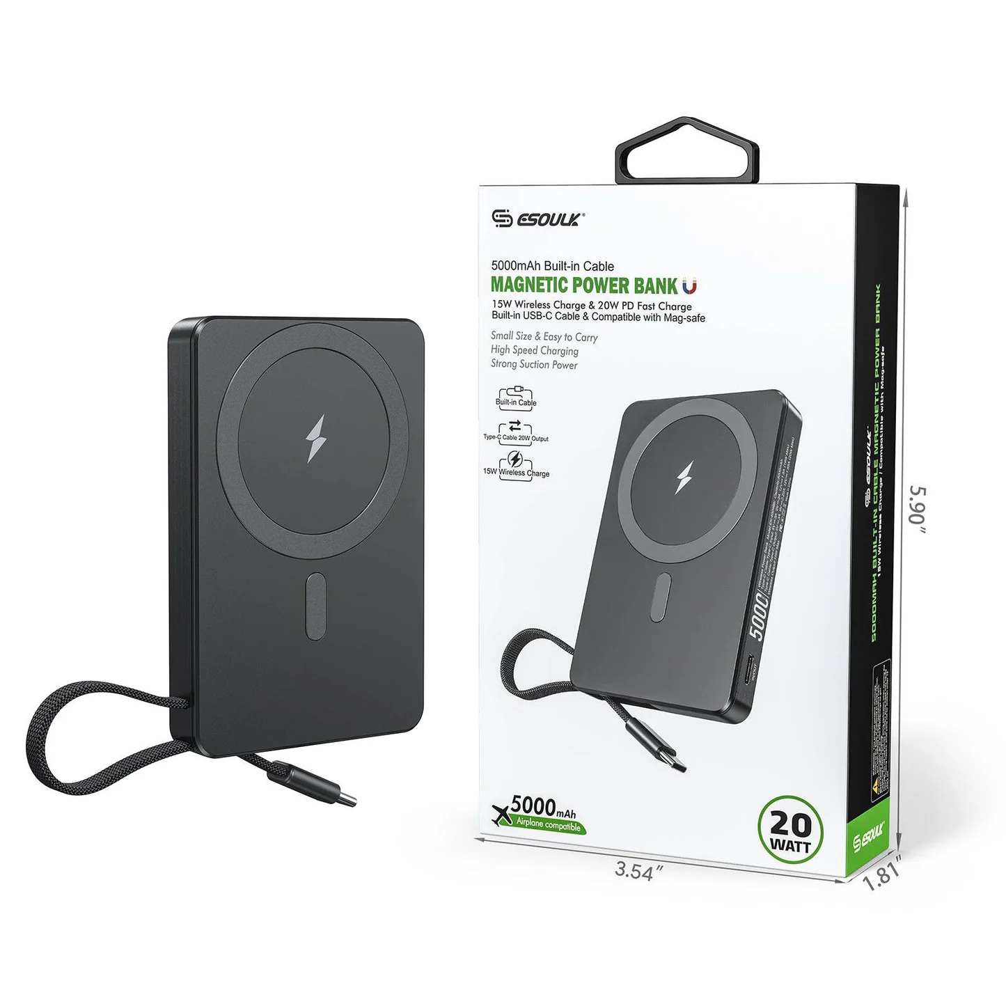 (EK-4009BK) 5000mAh Magnetic Wireless Charger with Built-in Type-C Cable | Black