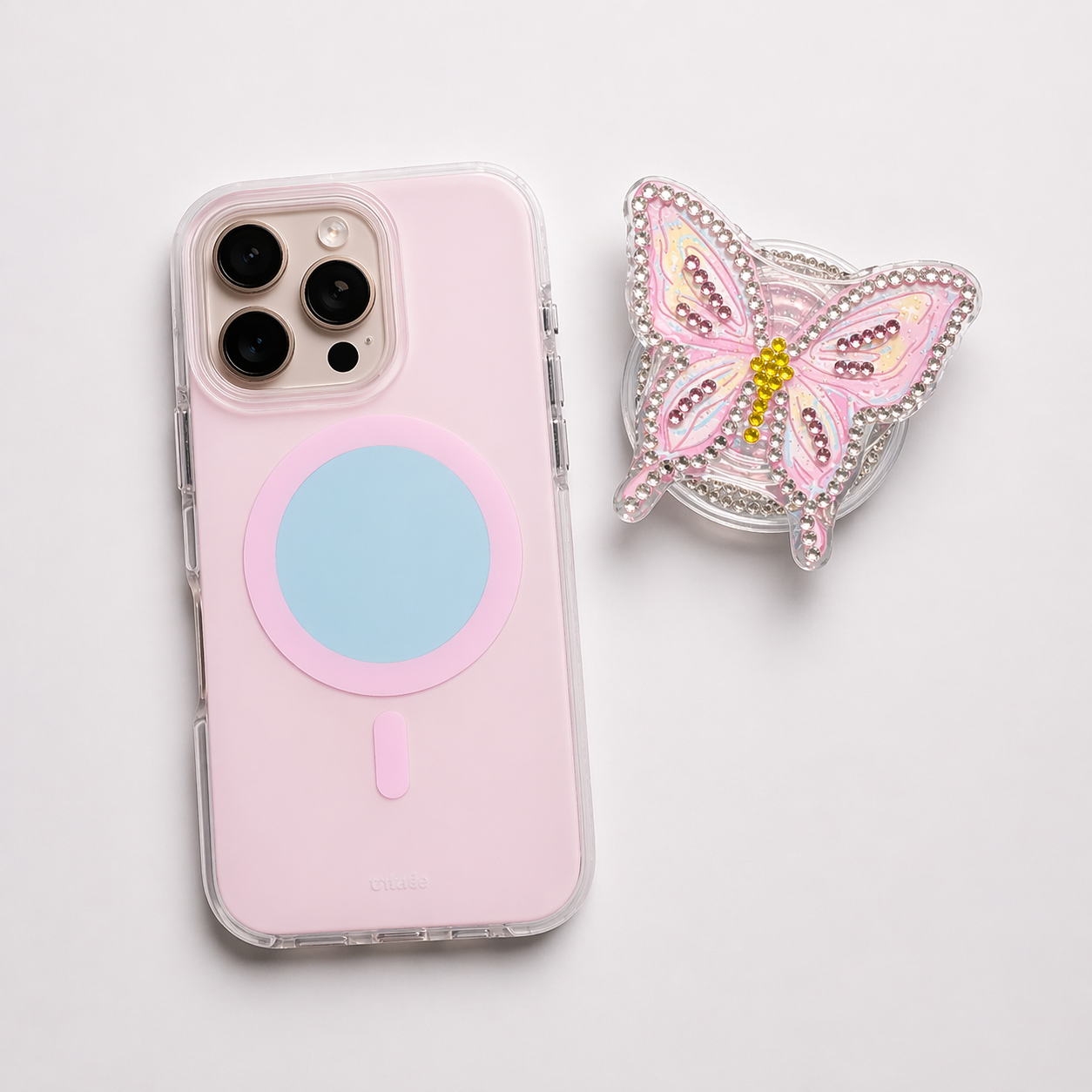 iPhone 13/14/15 Macaron + Butterfly Magnetic Holder Case - Pink