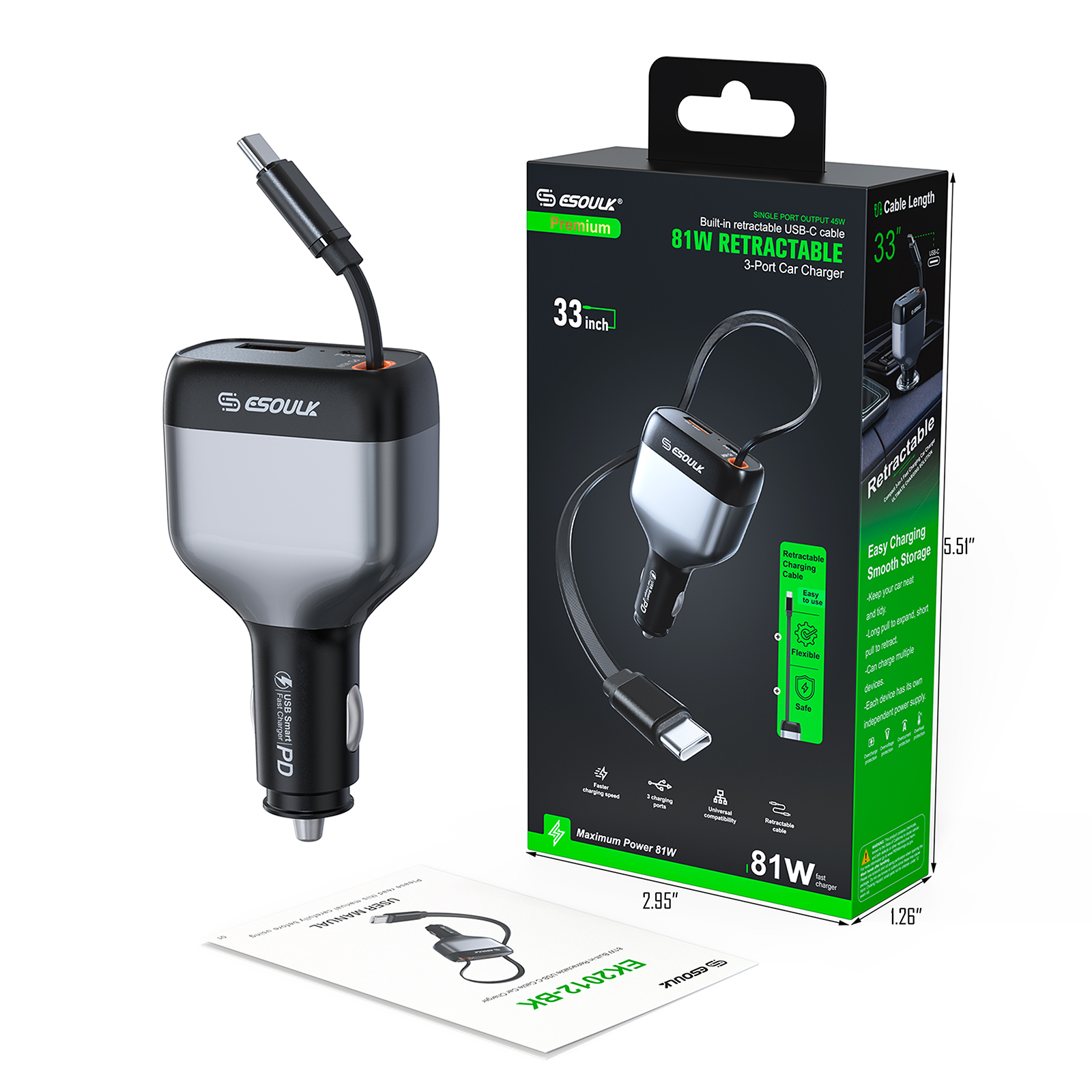 (EK2012-BK) 81W Built-in Retractable USB-C Cable Car Charger