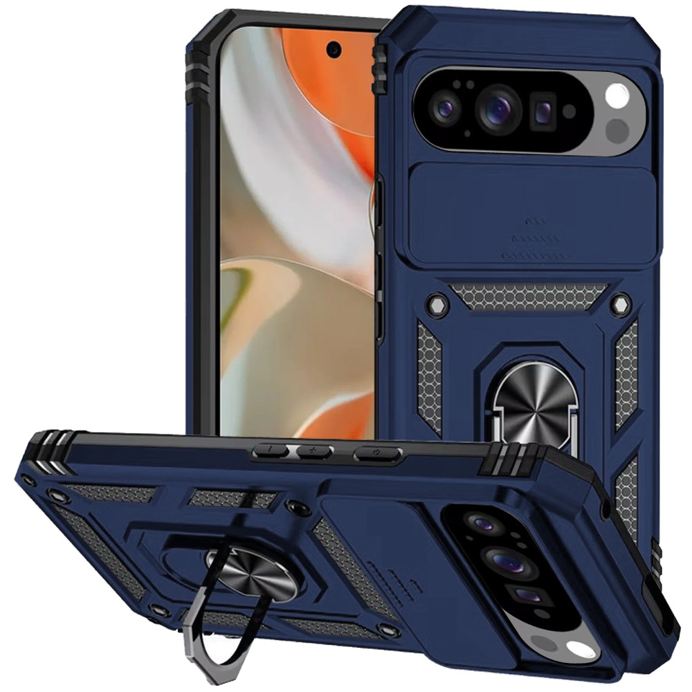 Google Pixel 10 Pro Xl Well Protective Magentic Ring Stand Camera Protective Cover Case - Blue