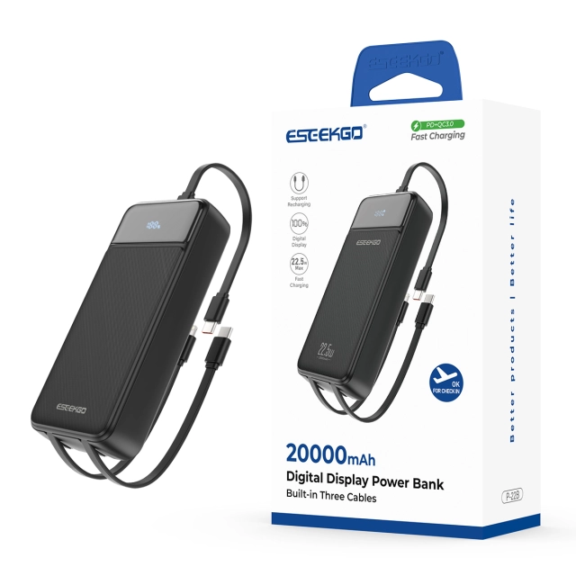 ESEEKGO P-22B PD20W 20000mAh Power Bank With Built-in 3 Cable