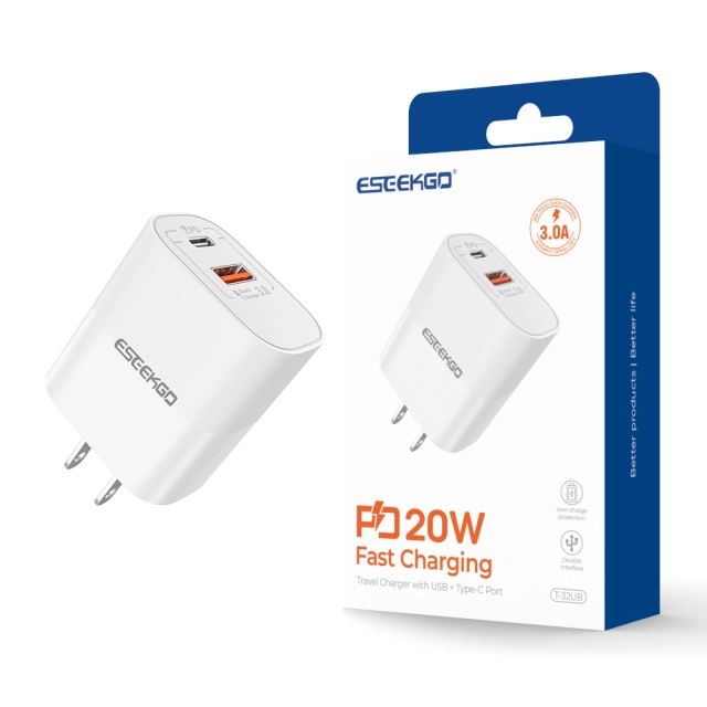 ESEEKGO T-32UB Fireproof PC Travel Adapter（20W / US / 2 Ports) | White