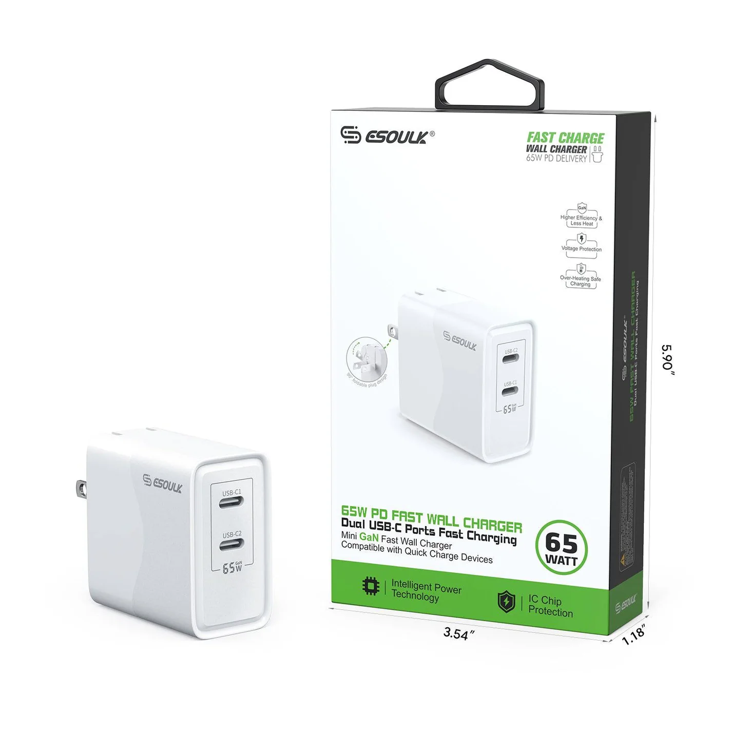 (EK-2005WH) 65W GaN Dual USB-C Wall Charger | White