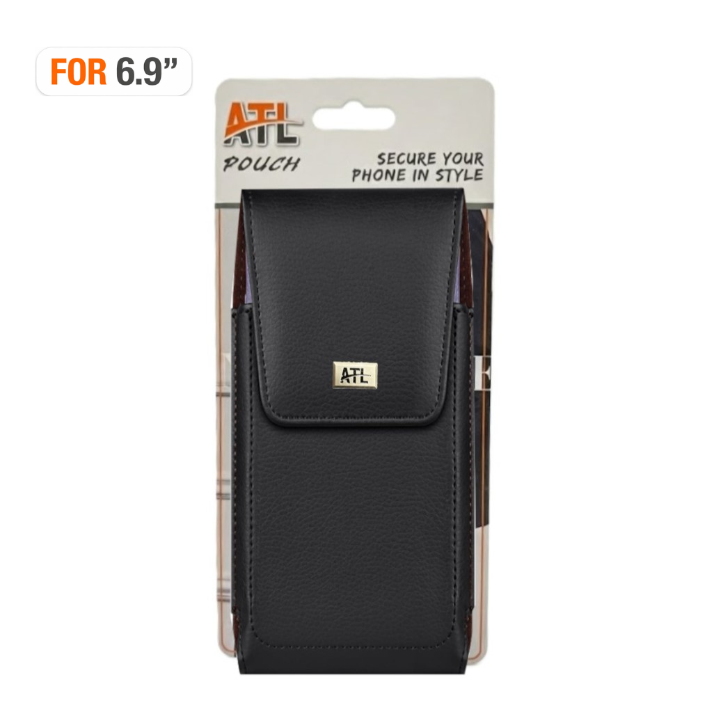 Atl Vertical Leather Pouch (Magnetic Closure) With Metal Clip For 6.9" | Black