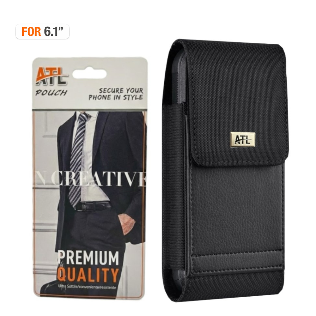 Atl Vertical Canvas With Leather Pouch With Card Holder (Velcro Closure) With Metal Clip For 6.1" | Black