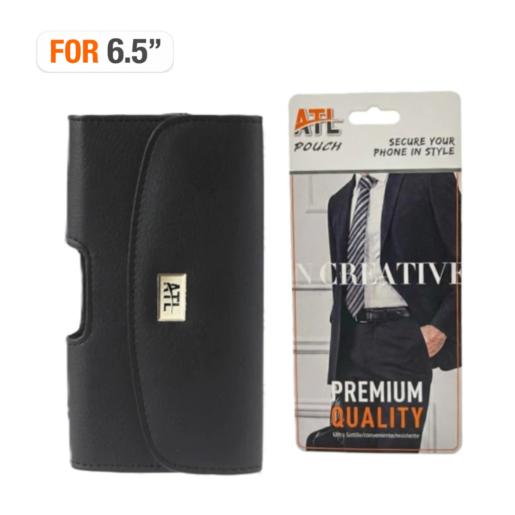 Atl Horizontal Leather Pouch With Card Holder (Magnetic Closure) With Metal Clip For 6.5" | Black 