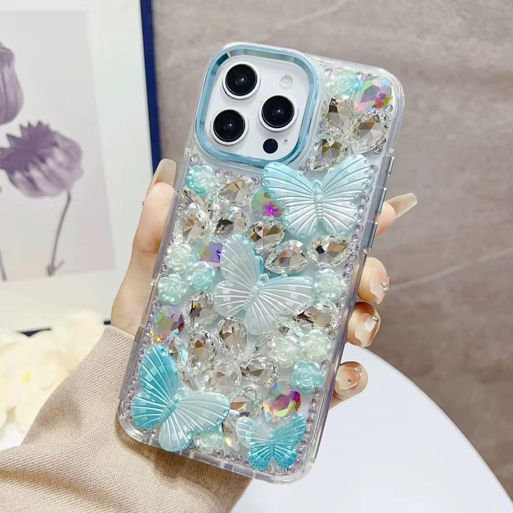iPhone 15 Pro Max Lavished Floral Butterfly Bling Stones Hybrid Case | Blue