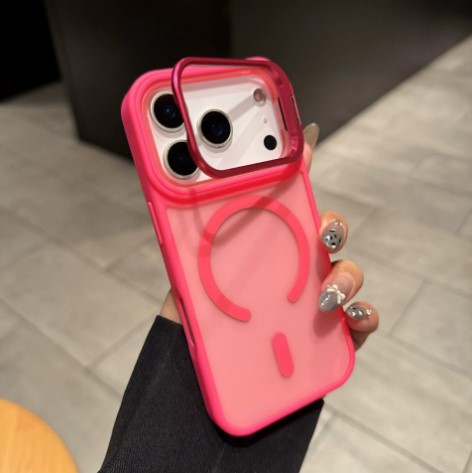 iPhone 15 Pro Max Frosted Magsafe Lens-Stand Case (With Retail Box) | Hotpink