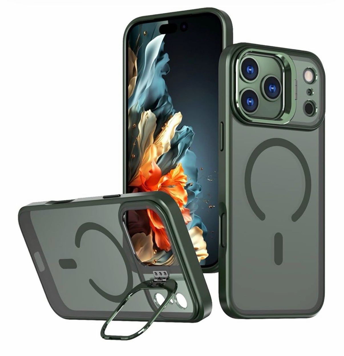 iPhone 17 Matte Magnetic Case With Camera Kickstand | Dark Green