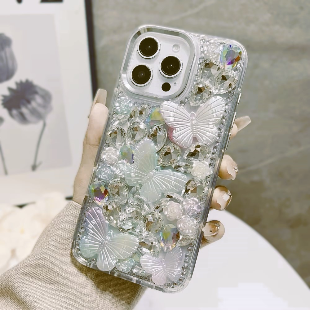 iPhone 17 Lavished Floral Butterfly Bling Stones Hybrid Case - Gray