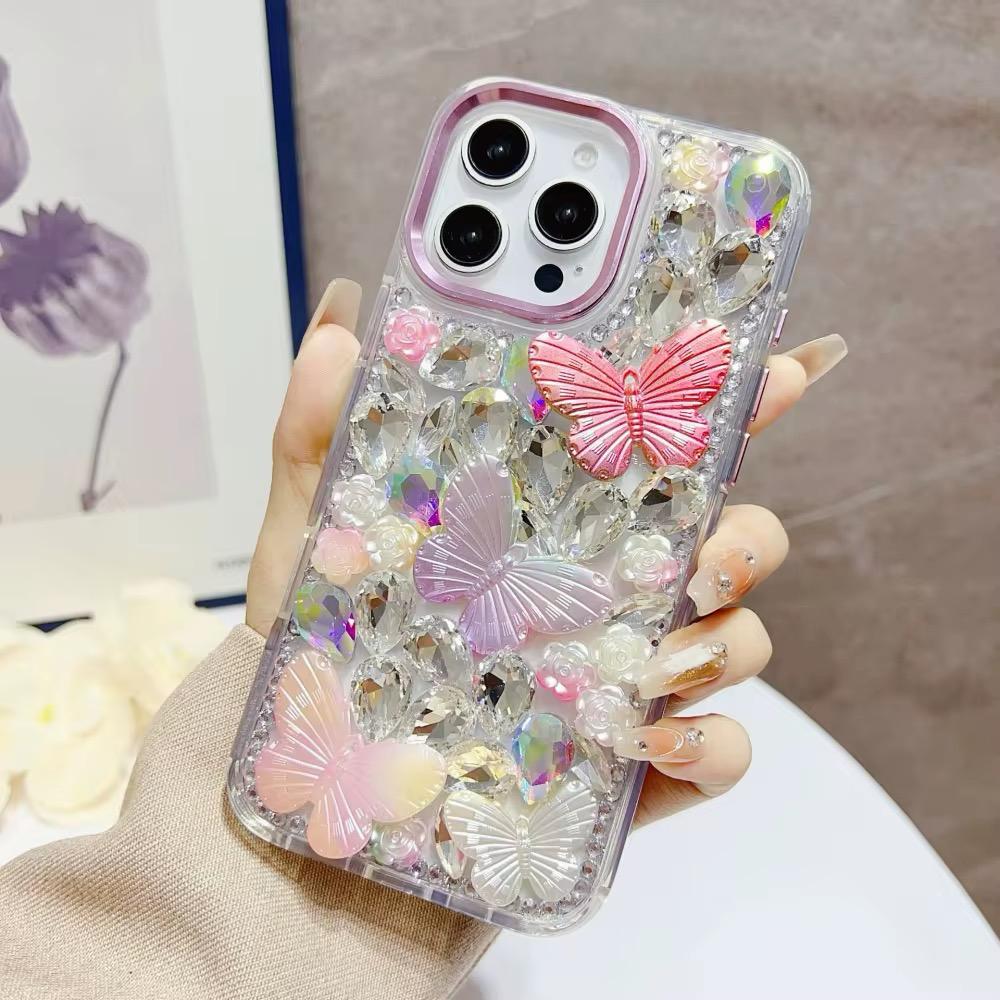 iPhone 17 Pro/18 Pro Lavished Floral Butterfly Bling Stones Hybrid Case - Rose Red