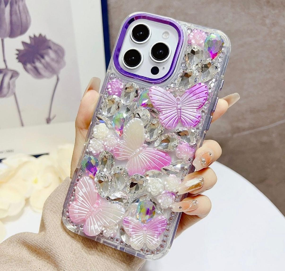 iPhone 17 Pro/18 Pro Lavished Floral Butterfly Bling Stones Hybrid Case - Purple