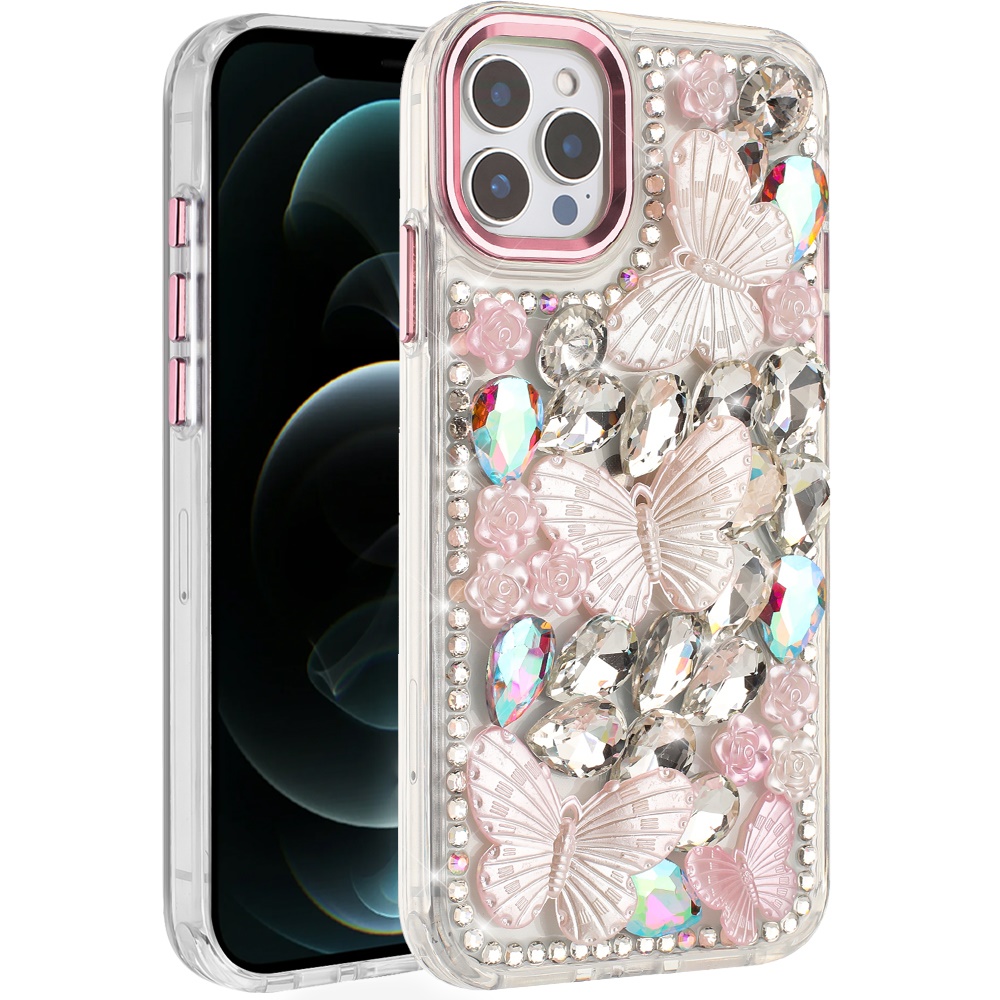 iPhone 17 Air  lavished Floral Butterfly Bling Stones Hybrid Case - Pink