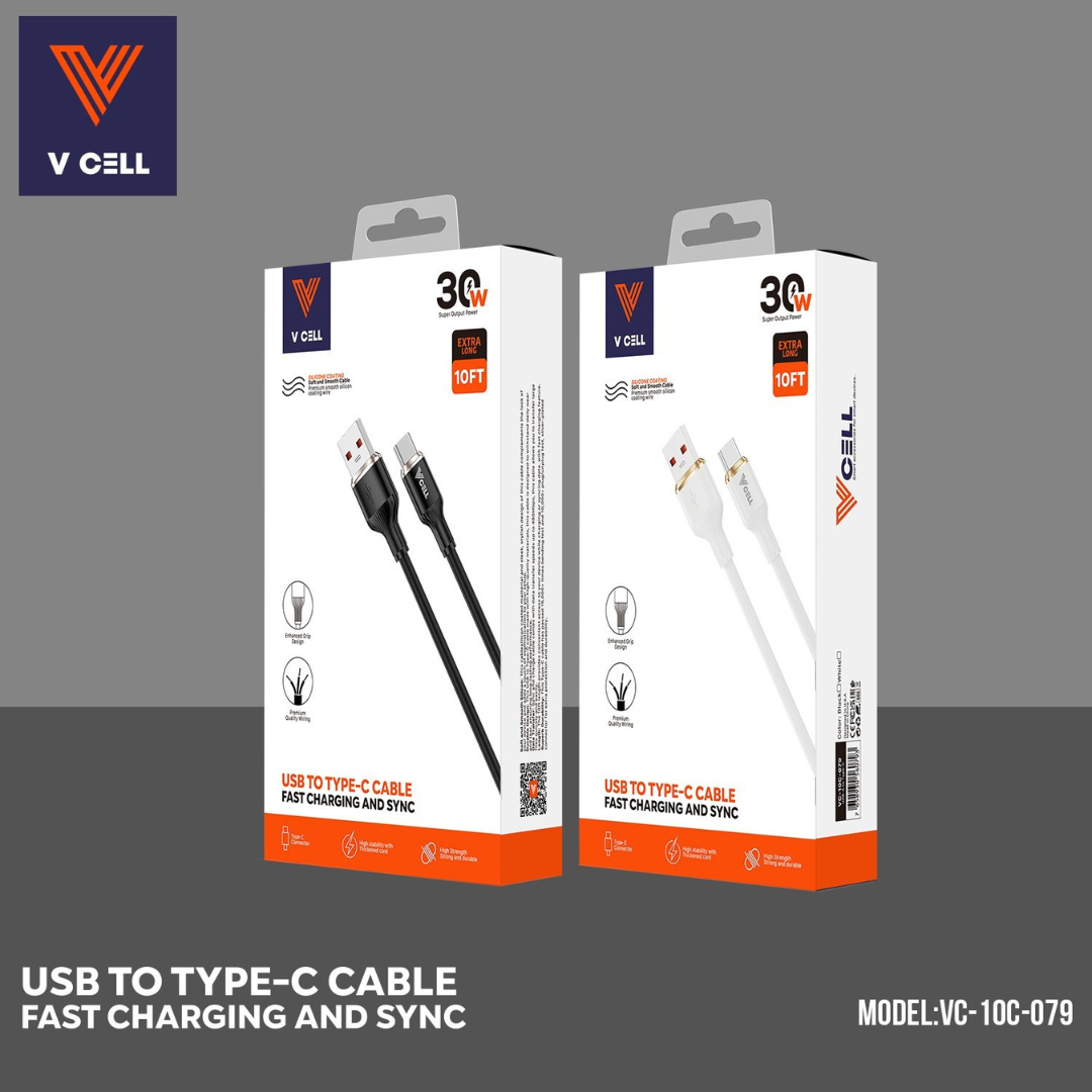 VC-10C-79 V CELL  USB A TO TYPE C 10 FT  BLACK / WHITE FAST CHARGING  30W  WITH RETAIL PACKING