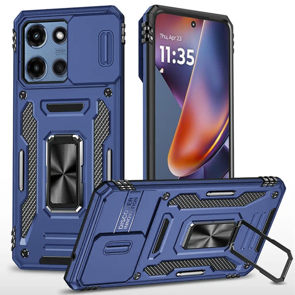 Moto G Power 5G 2025/2026 Utter Tough Metal Ring Movable Camera Window Hybrid Case Cover - Navy Blue