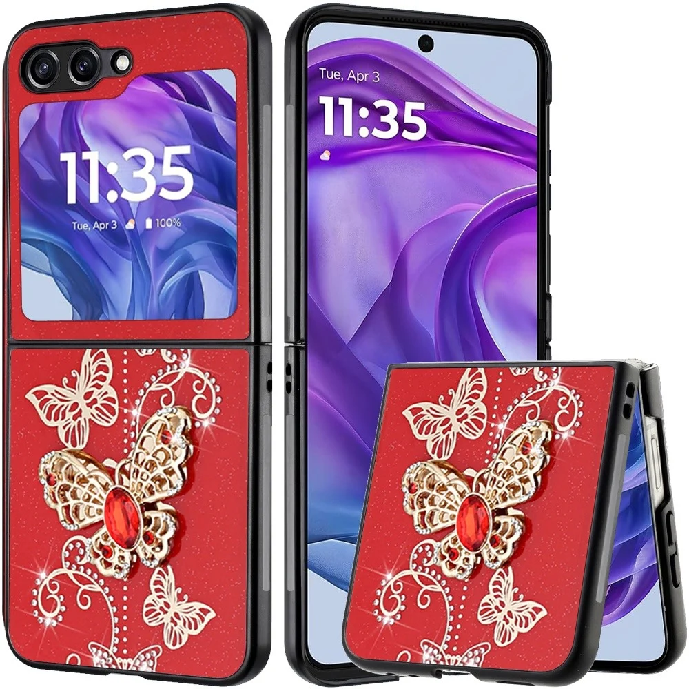 Motorola Razr 2024 SPLENDID Diamond Glitter Ornaments Engraving Case Cover - Garden Butterflies Red