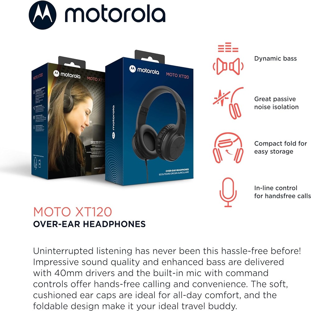 Motorola Over-Ear Headphones Wired - Moto XT120 Headphones with Microphone, in-Line Control for Calls - Foldable Head Phones, Adjustable Cushioned Headband - Dynamic Bass, Clear Sound - Black (LANE B RACK 8)