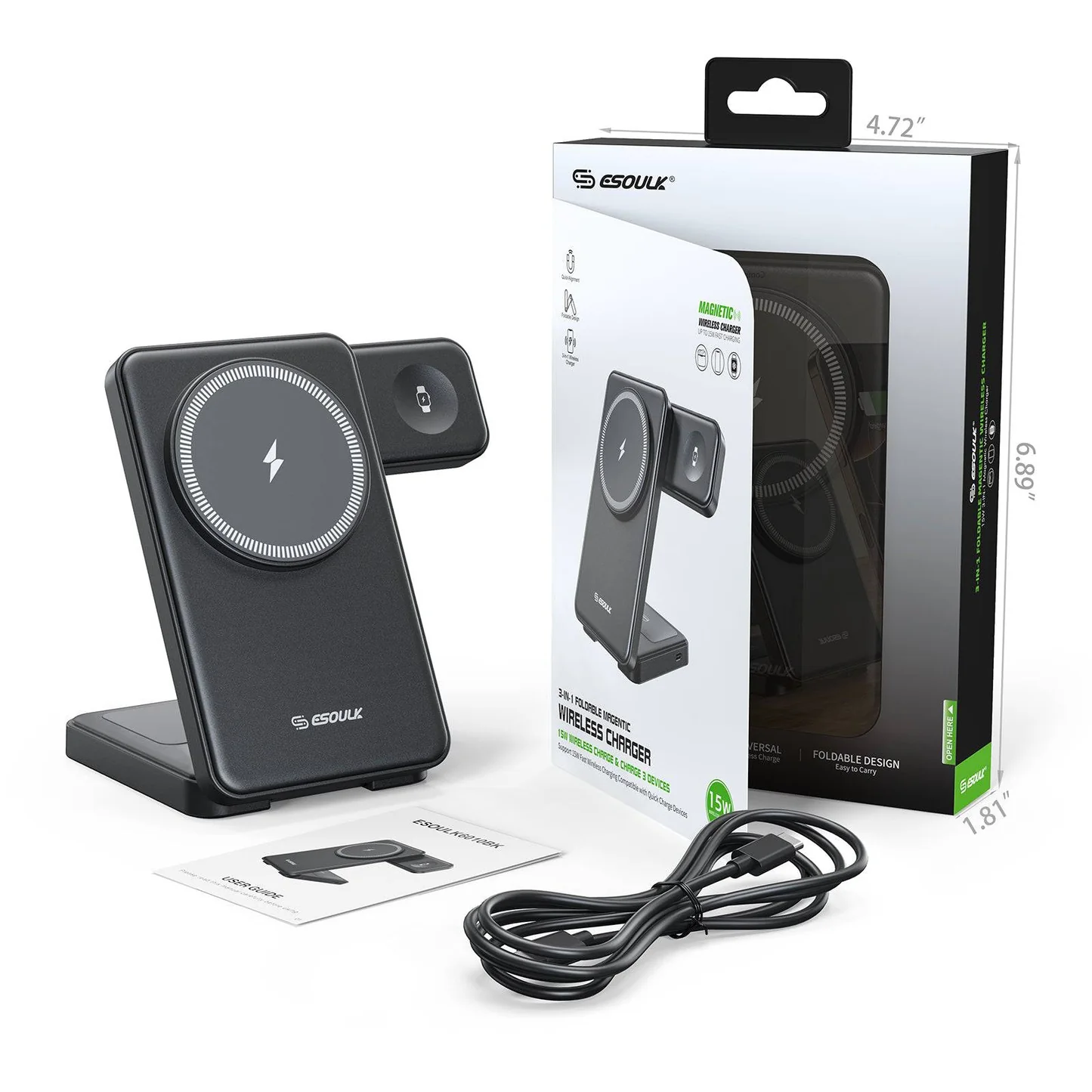 (EK-6010BK) 3-In-1 Foldable Magnetic Wireless Charger