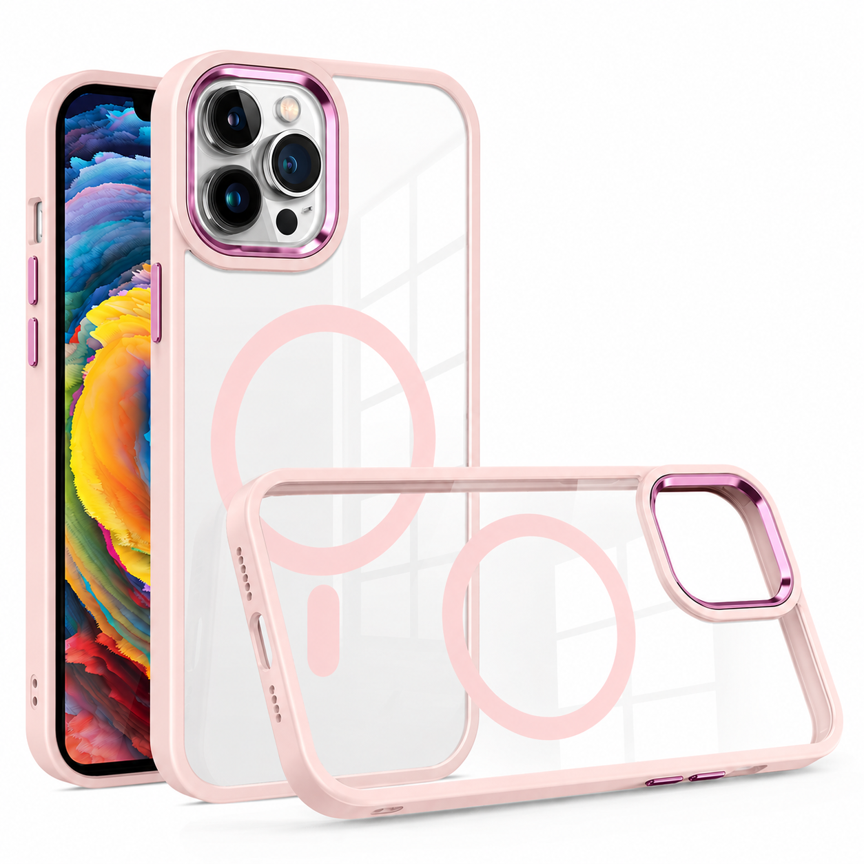 iPhone 13/14/15 Magnetic Metal Lens Clear Case | Pink
