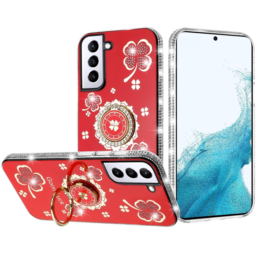 For Samsung S23 Splendid Glitter with Diamonds All Around Edges Ring Stand - Red