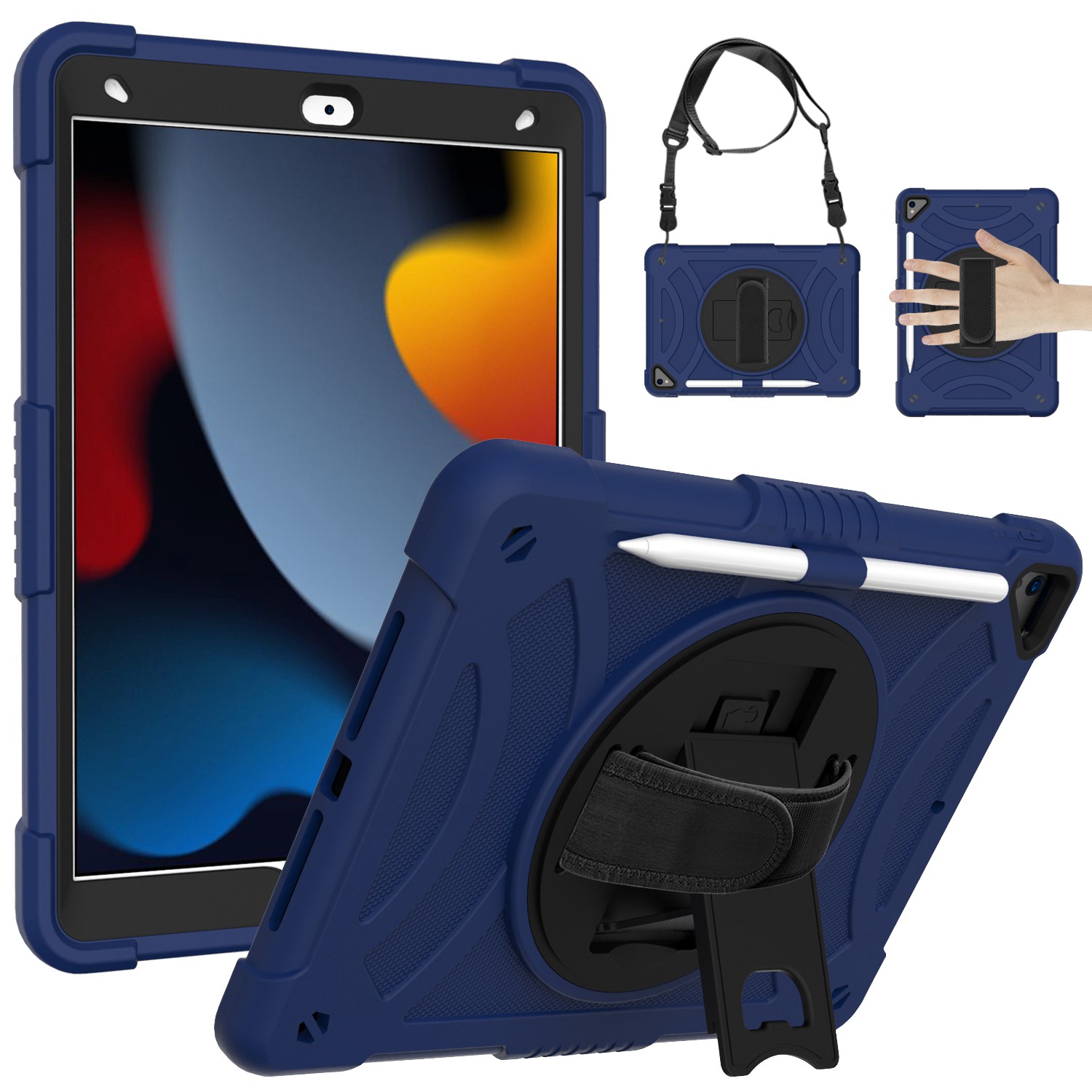 iPad 7/8/9 10.2" Tablet Hand And Shoulder Strap With Kickstand 3In1 Tough Hybrid - Dark Blue 