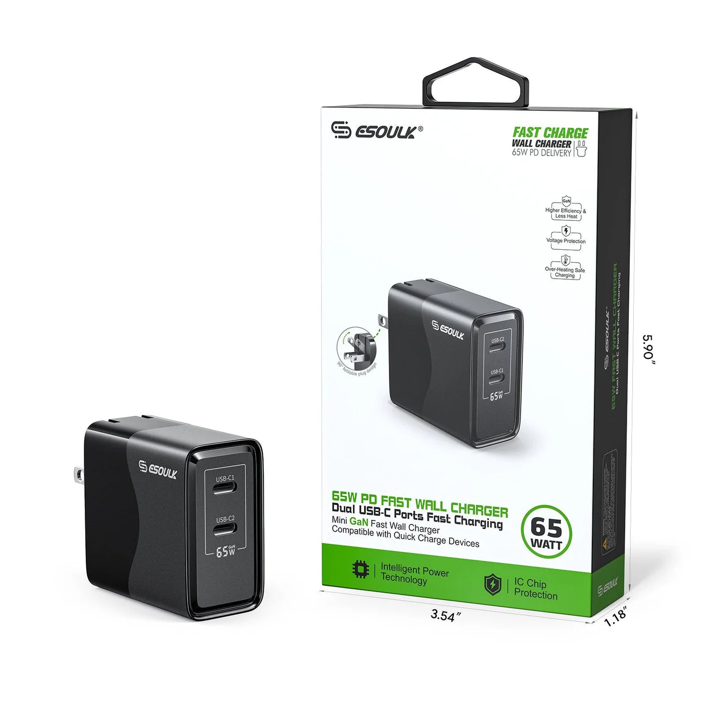 (EK-2005BK) 65W GAN Dual USB-C Wall Charger | Black