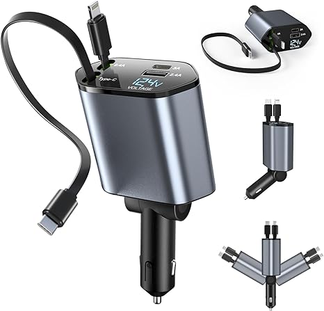 4 in 1 Car Charger With Retractable Cables 120w
