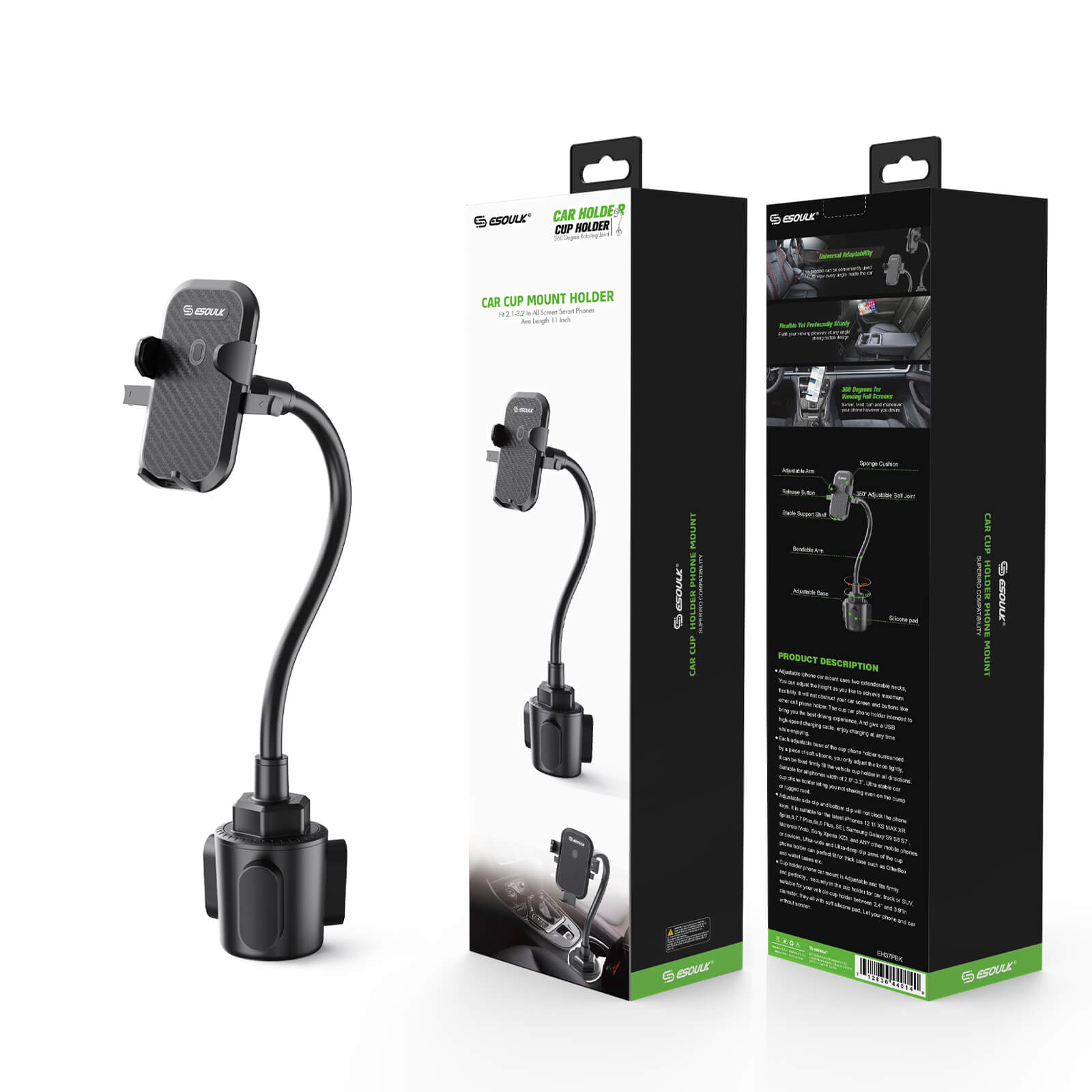 (EH37BK) Cup Holder Mount 11 Inch Flexible Gooseneck