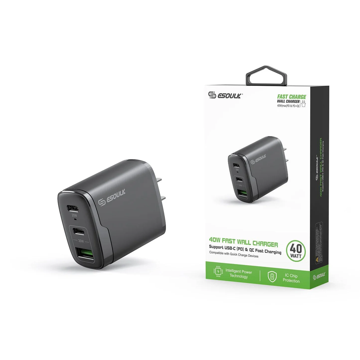 (EA18-BK) Dual PD+QC 40W Fast Wall Charger | Black