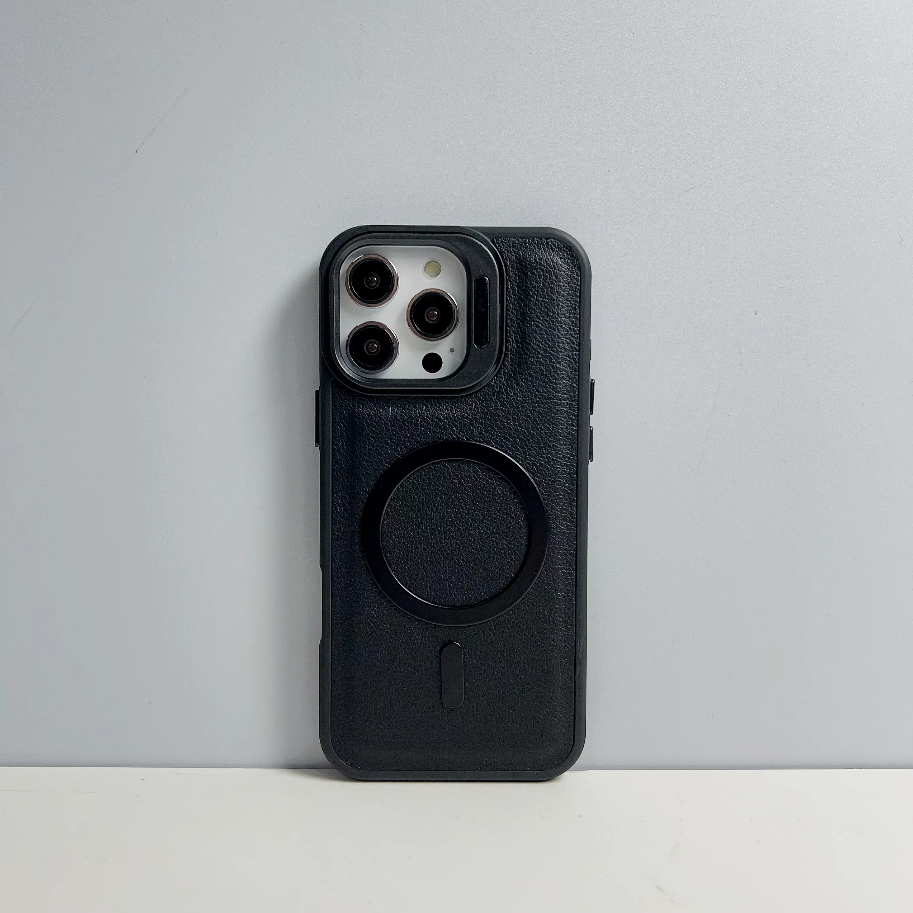 iPhone 13 Pro Max (Black) Leather MagSafe Camera-Stand Case