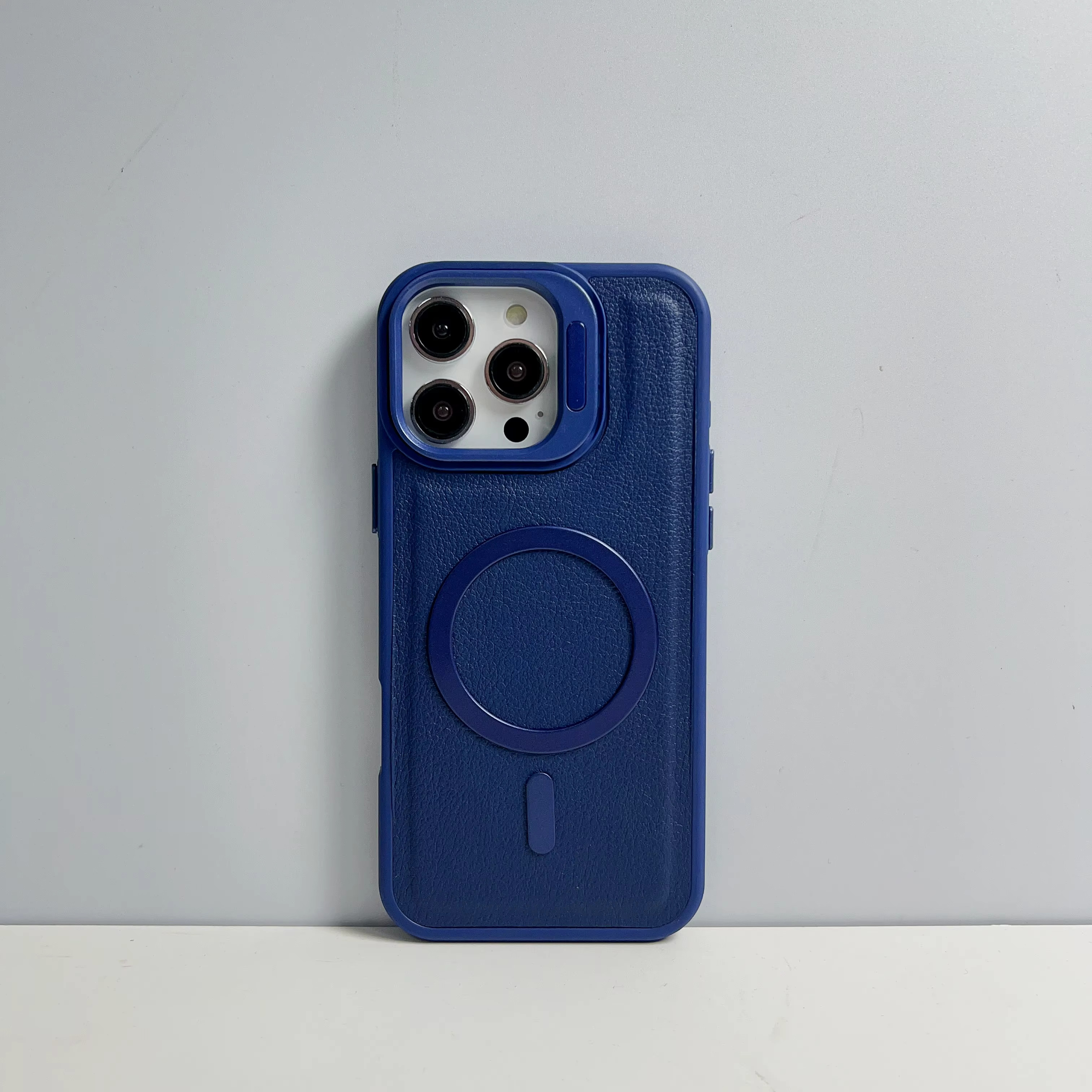 iPhone 16 Pro Max (Blue) Leather MagSafe Camera-Stand Case