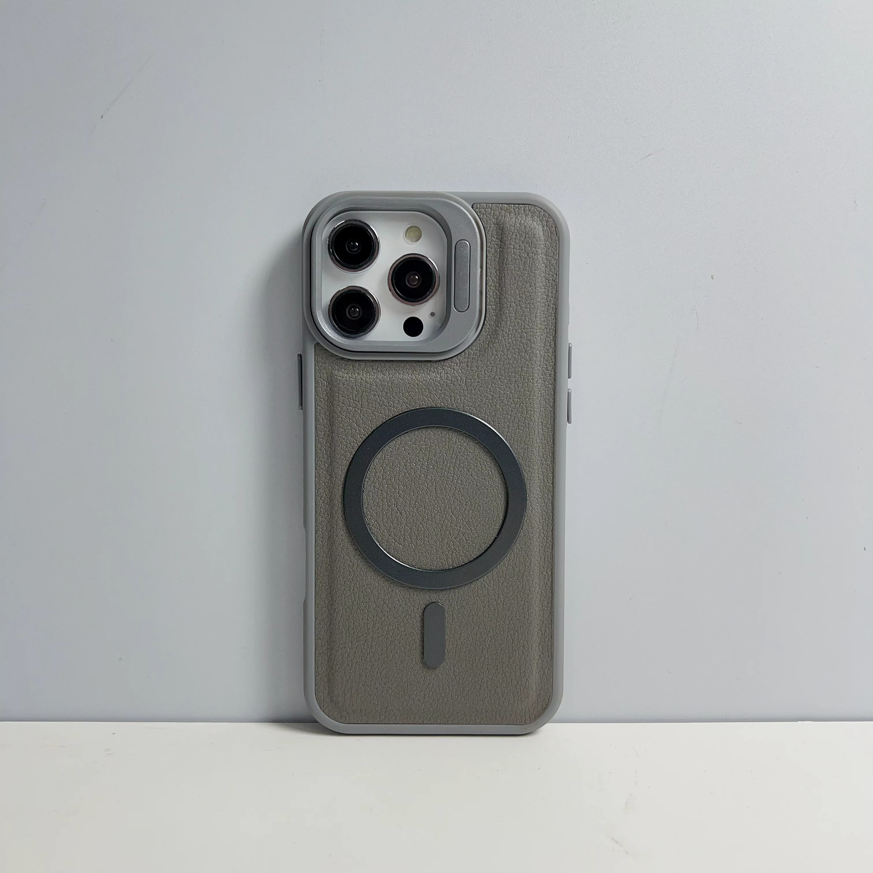 iPhone 17 Pro Max/18 Pro Max (Grey) Leather MagSafe Camera-Stand Case