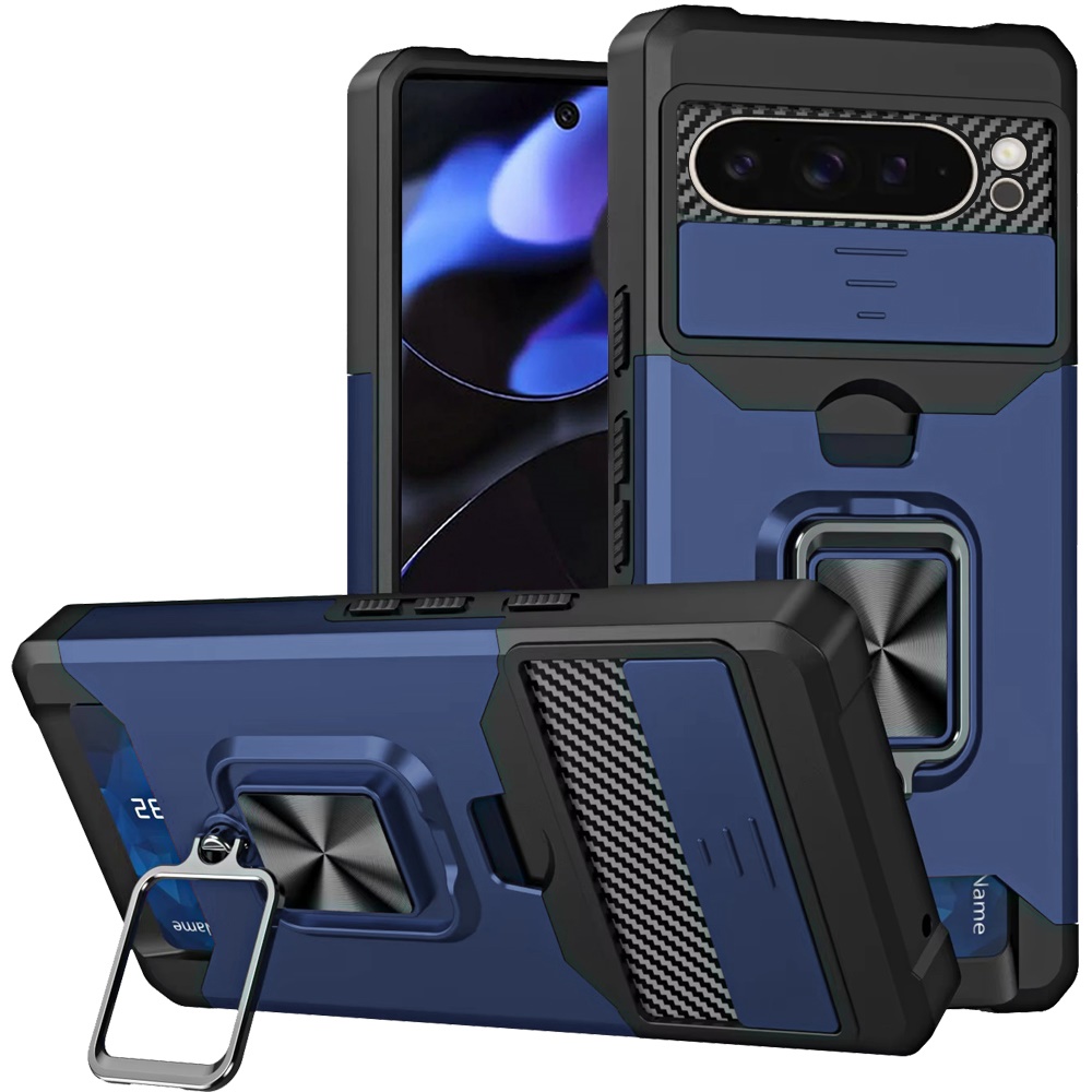 Google Pixel 11 Pro XL Multi-Functional Card Magnetic Ring Stand Hybrid Camera Case Cover - Blue
