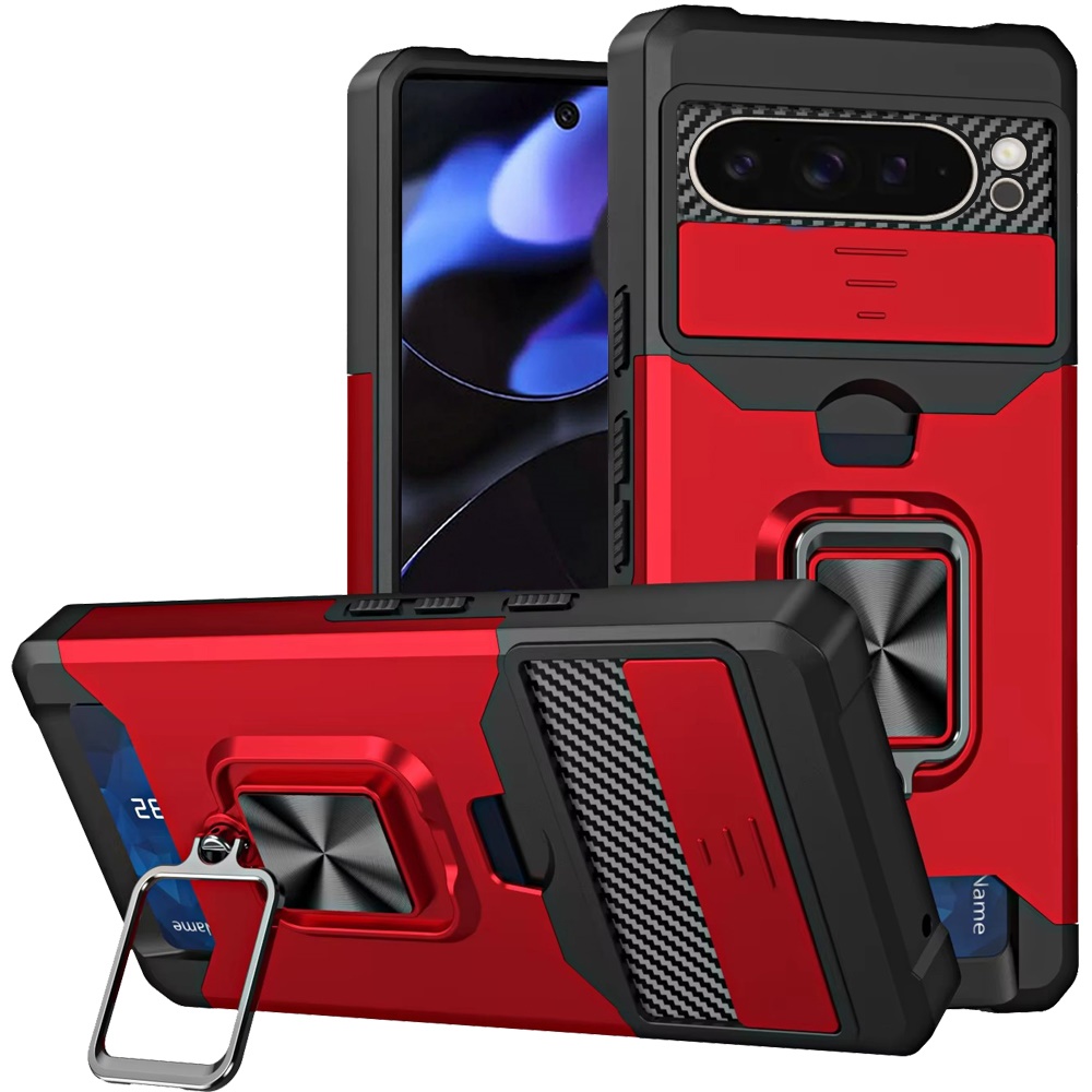 Google Pixel 11 Pro XL Multi-Functional Card Magnetic Ring Stand Hybrid Camera Case Cover - Red