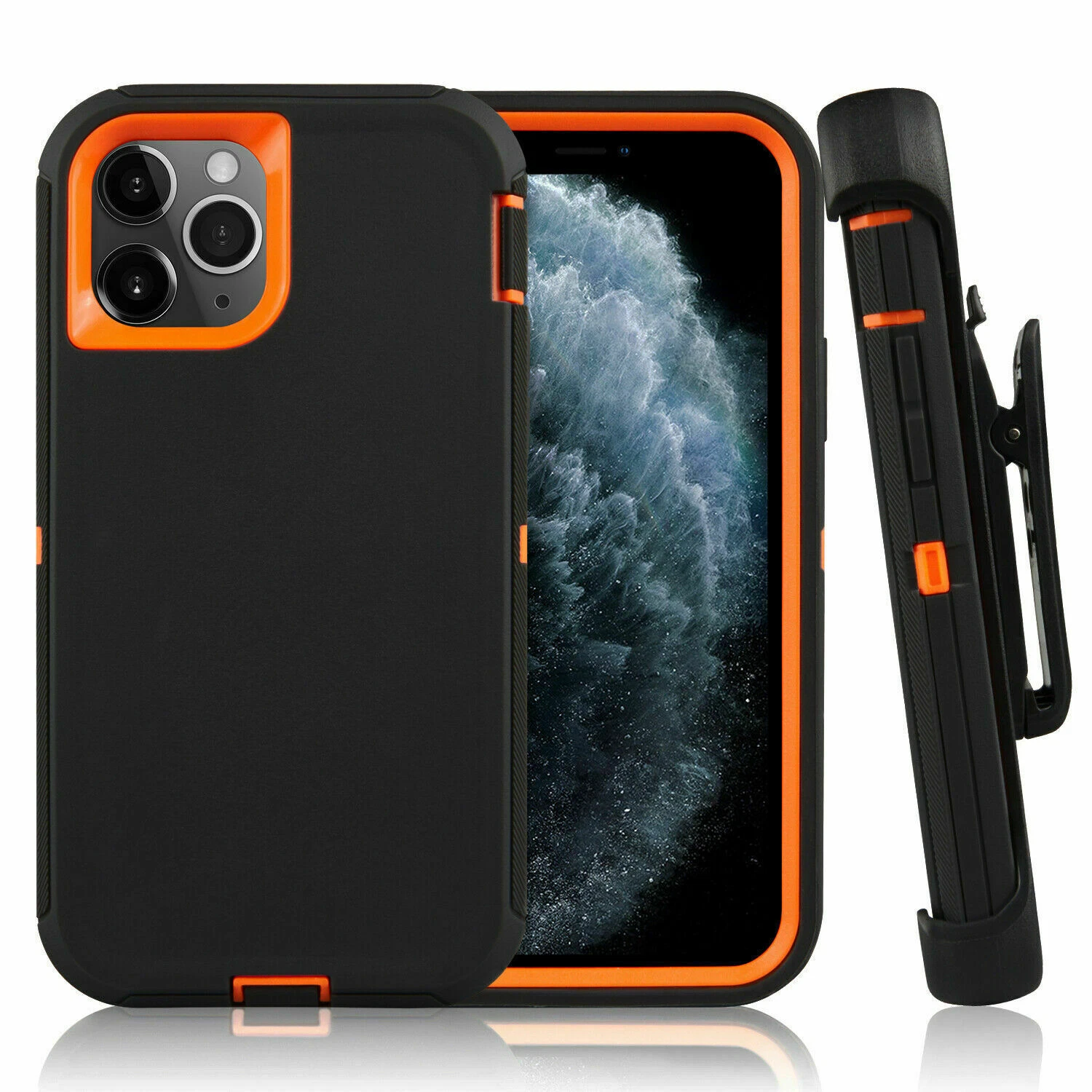 iPhone 15 Pro Max Pro Defender Case With Clip | Black-Orange (Polybag Packing)