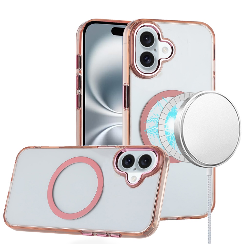 iPhone 16 6.1 Inch Magnetic Circle Ring Transparent Premium Acrylic With Metal Buttons & Camera Raised Lip - Rose