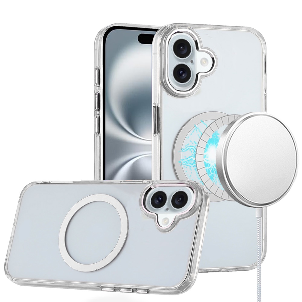 iPhone 16 6.1 Inch Magnetic Circle Ring Transparent Premium Acrylic With Metal Buttons & Camera Raised Lip - Clear