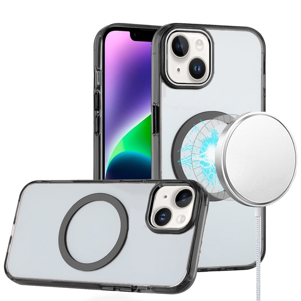 iPhone 16 6.1 Inch Magnetic Circle Ring Transparent Premium Acrylic With Metal Buttons & Camera Raised Lip - Black