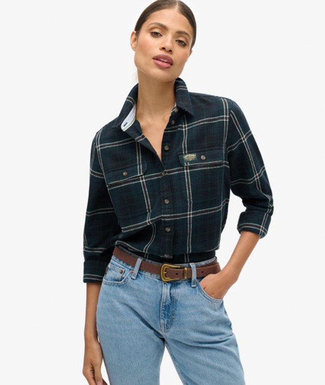 Superdry Damen Flanellhemd mit Holzfällerkaros Marineblau - Größe: 36
