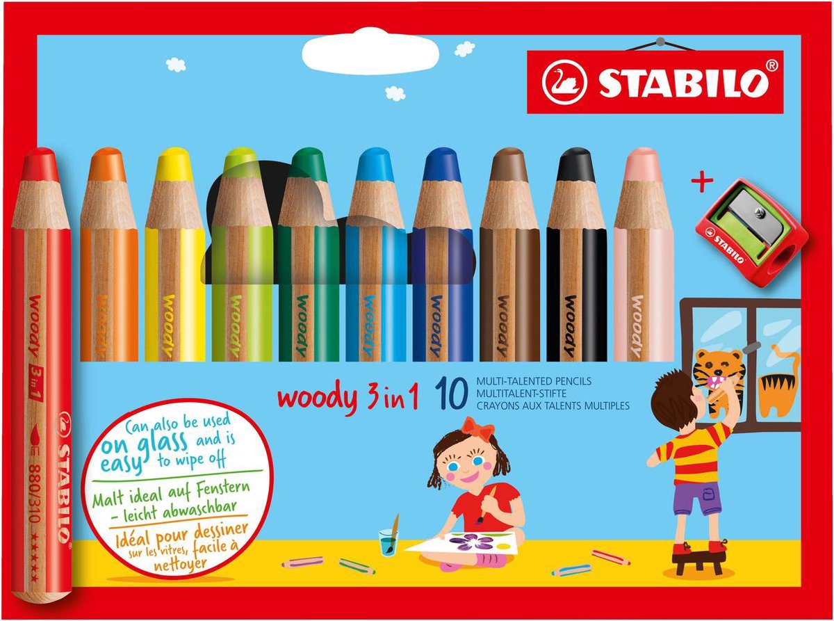 5 x Stabilo Holzfarbstift woody 3 in 1 Kartonetui mit 10 Stiften und 1