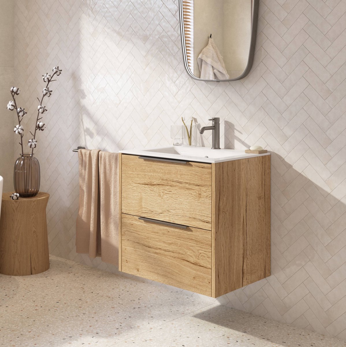 Saqu Lima Badmöbel Eiche Marcato 60x46x61cm mit Griff Gunmetal inkl. Keramik Waschbecken Glänzend Weiß