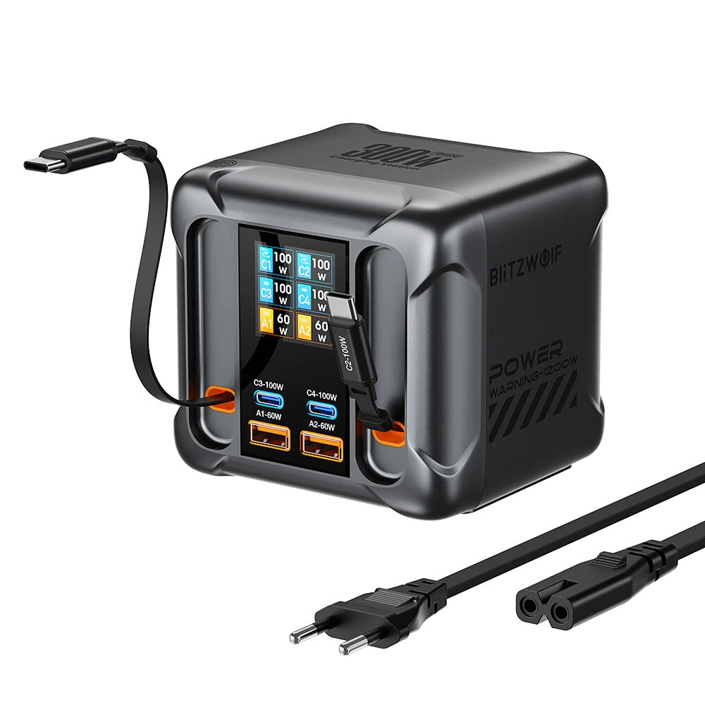 [GaN Tech] Blitzwolf® BW-S35 300W 6 Ports USB PD Digitalanzeige Ladegerät mit ausziehbarem Kabel 4USB-C+2USB-A QC PD Sch