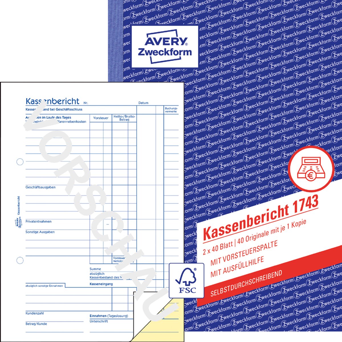 10 x Avery Zweckform Formularbuch Kassenbericht A5 2x40 Blatt mit Ausf