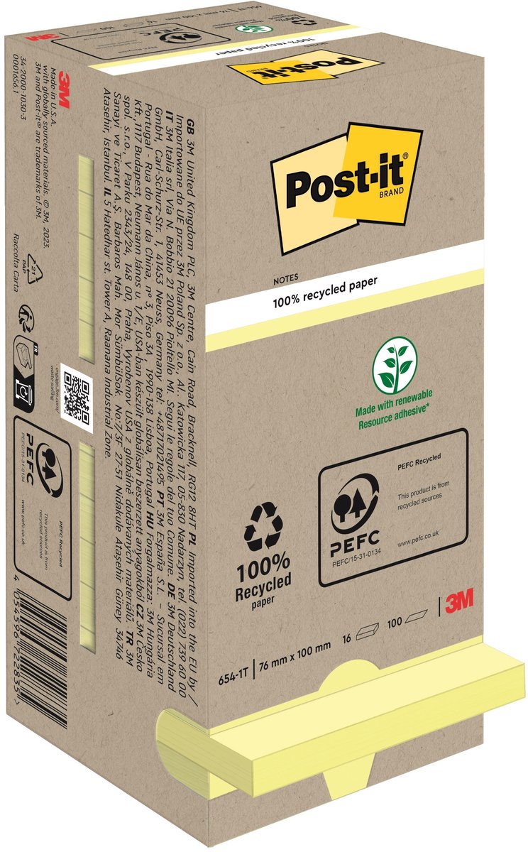 Post-it Haftnotiz Recycling Notes 76x76mm 100 Blatt gelb VE=16 Blöcke
